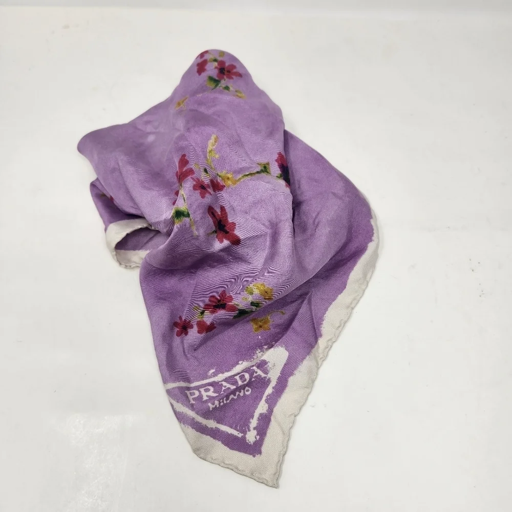 Prada | Women's Purple Printed Silk Twill Foulard Square Floral Printed Scarf